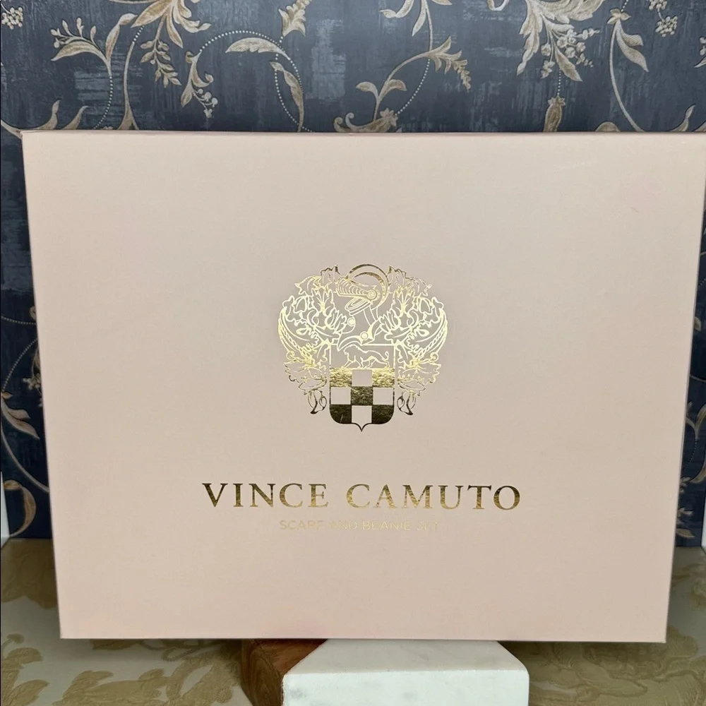 Vince Camuto White Beanie and Pastel Plaid Scarf Set